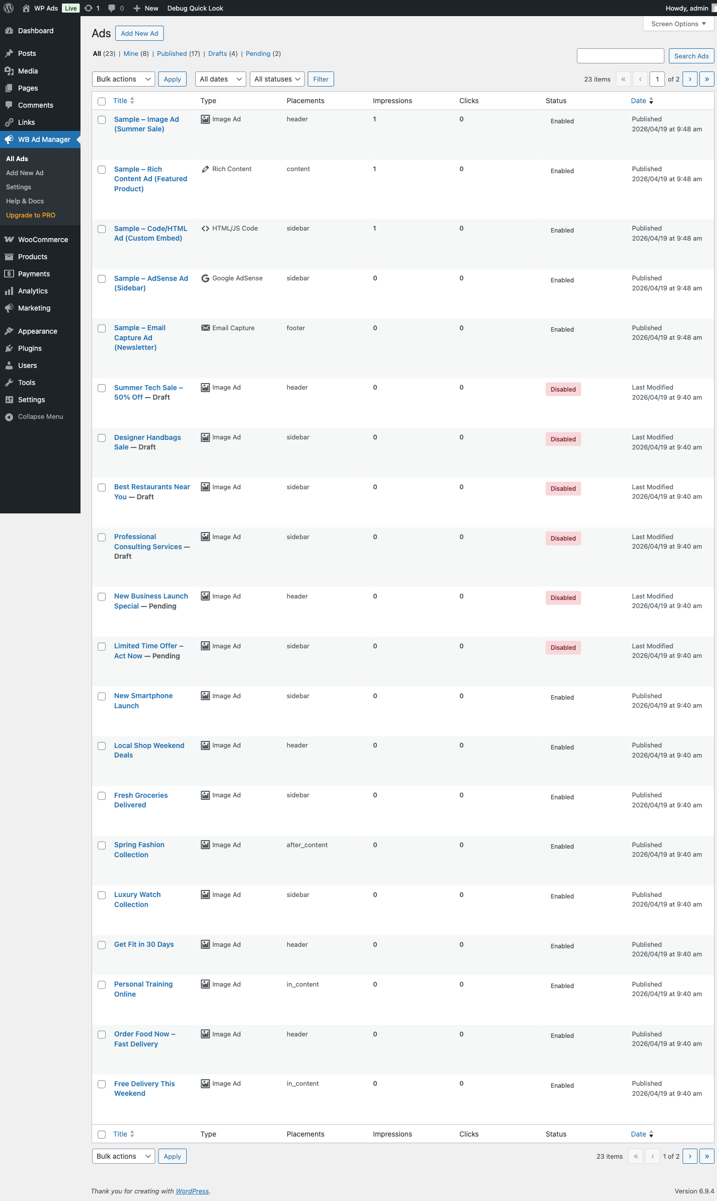 Admin ads list showing all 5 ad types with impressions and clicks