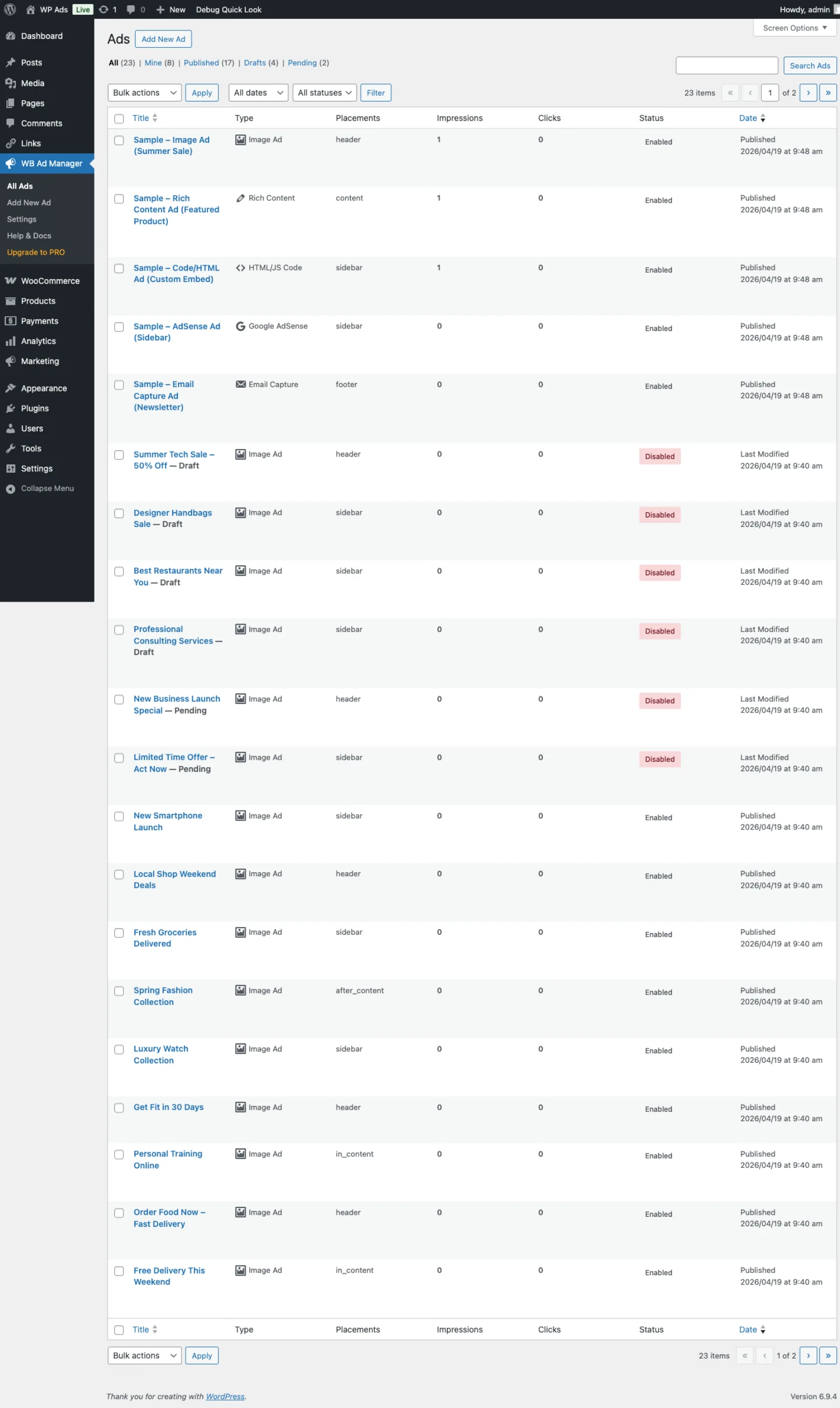 Ads admin list showing 23 ads with status, type, placements, impressions and clicks