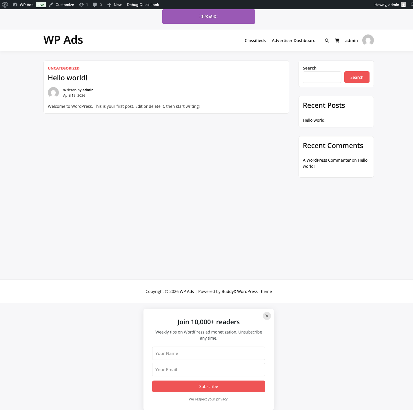 Frontend view of a placed ad above post content