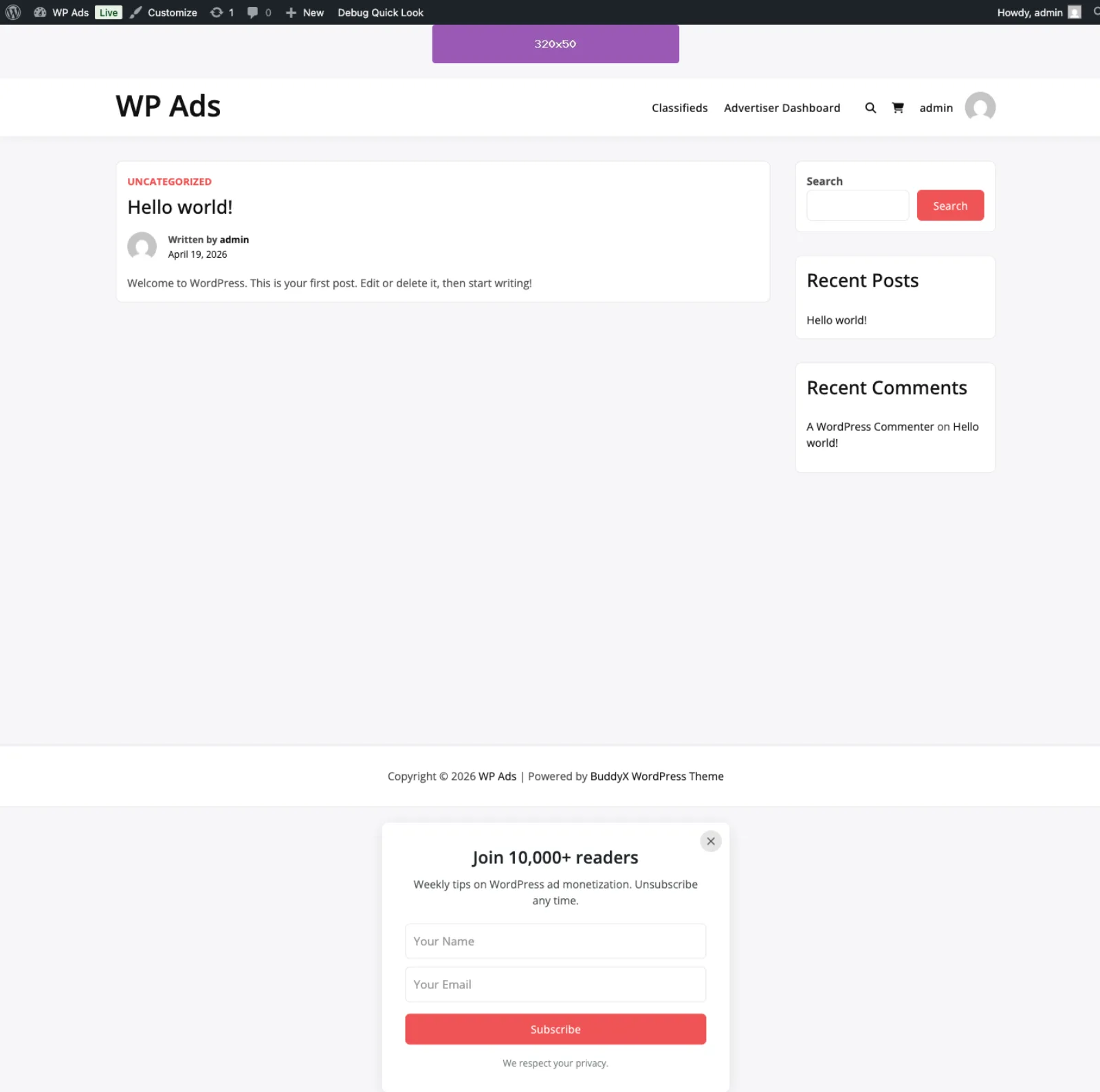 Frontend view of a placed ad above post content
