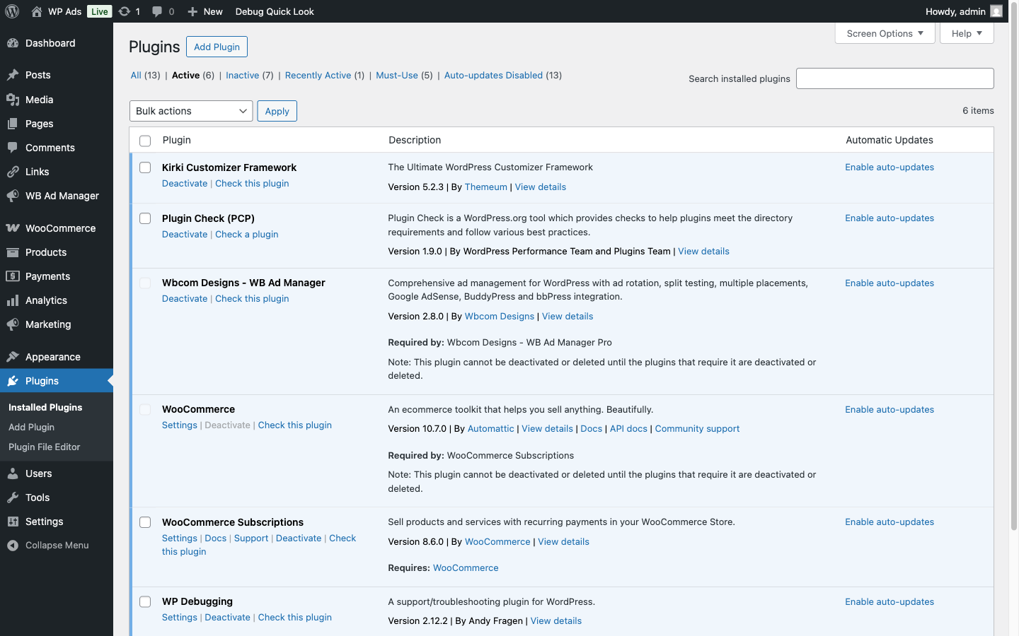 WordPress Plugins screen showing WB Ad Manager active
