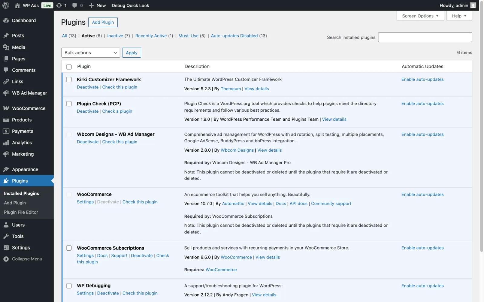 WP Ad Manager active on the Plugins list