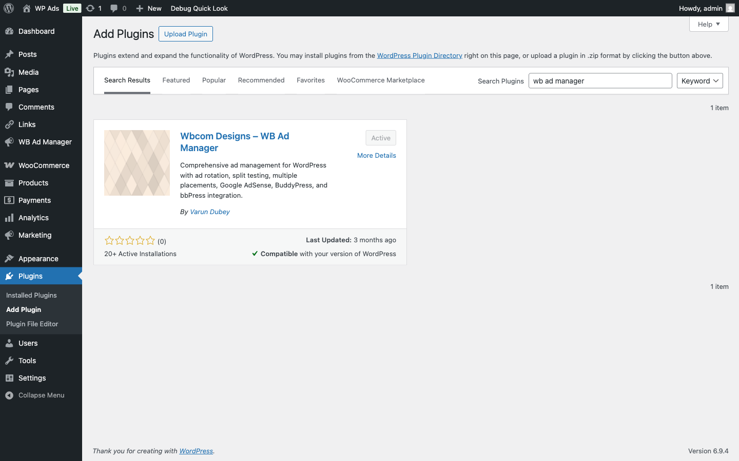 WordPress.org plugin search result for WB Ad Manager