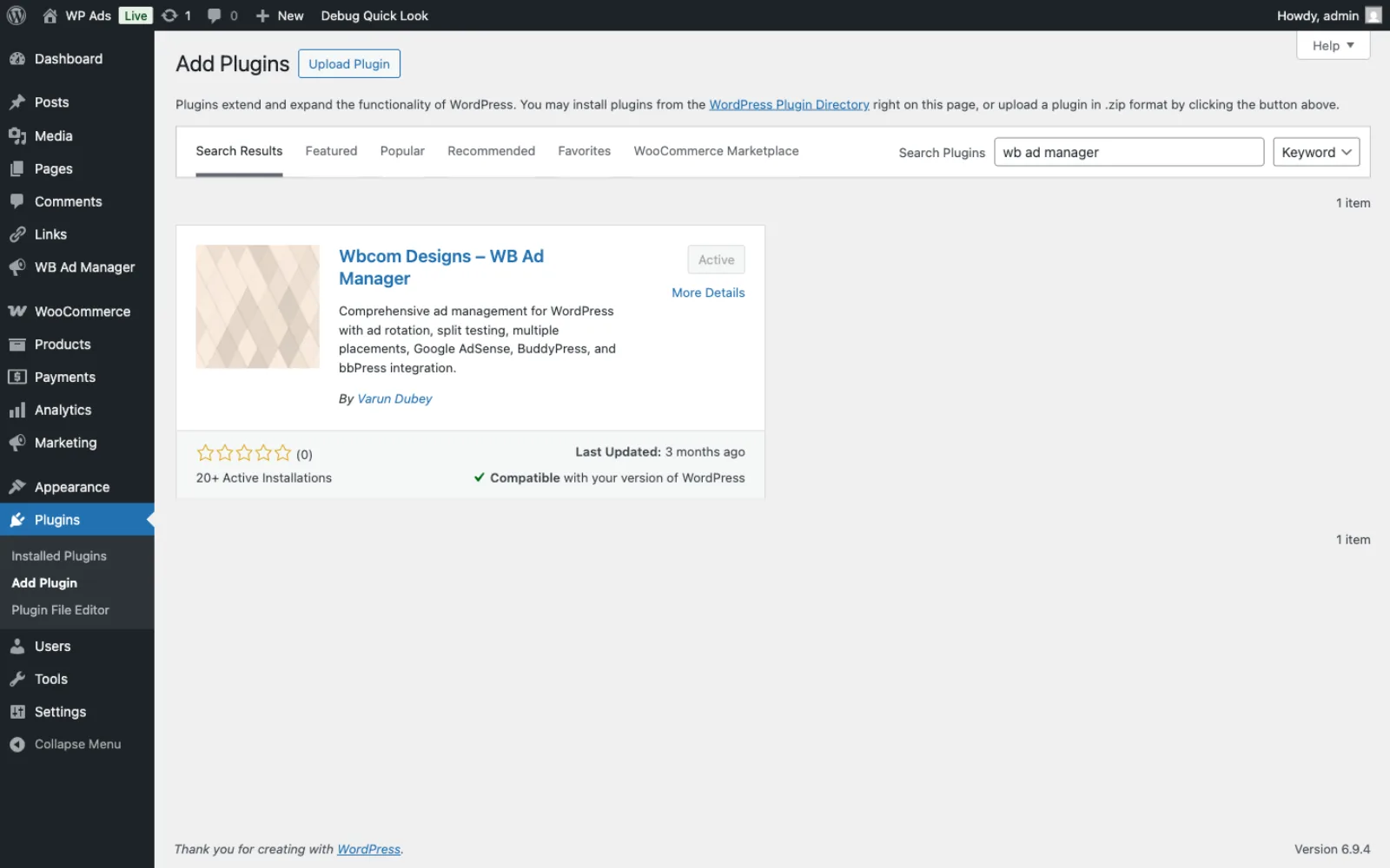 Plugin install search - 'wb ad manager' keyword result