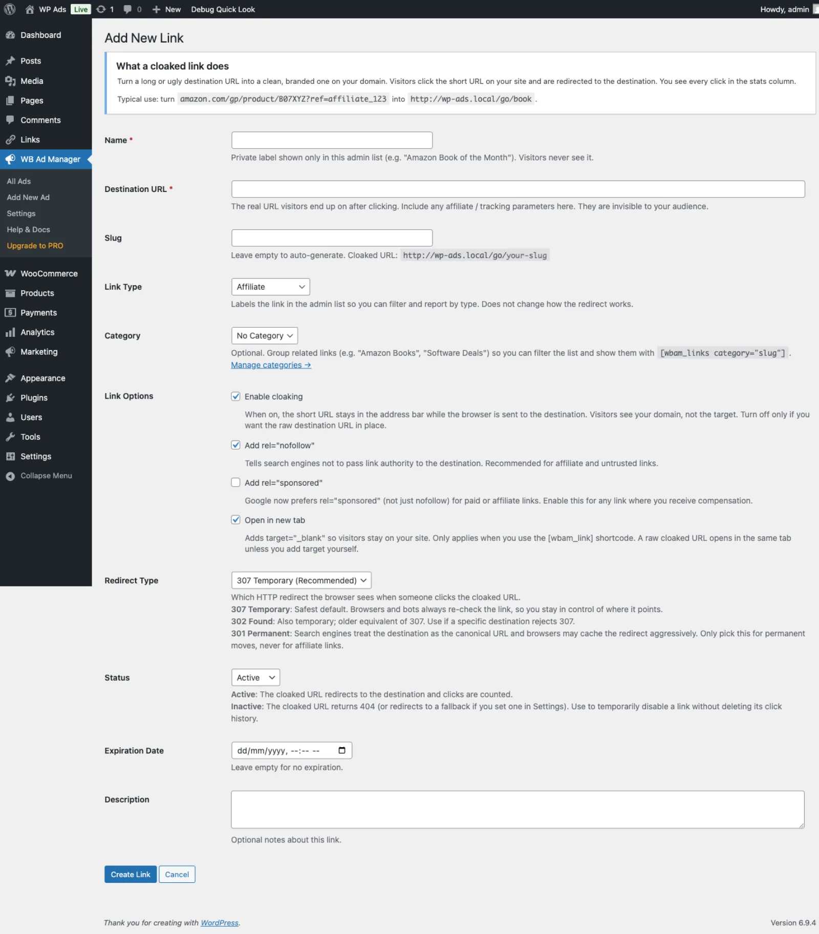 Add Link form - name, destination URL, slug, link options