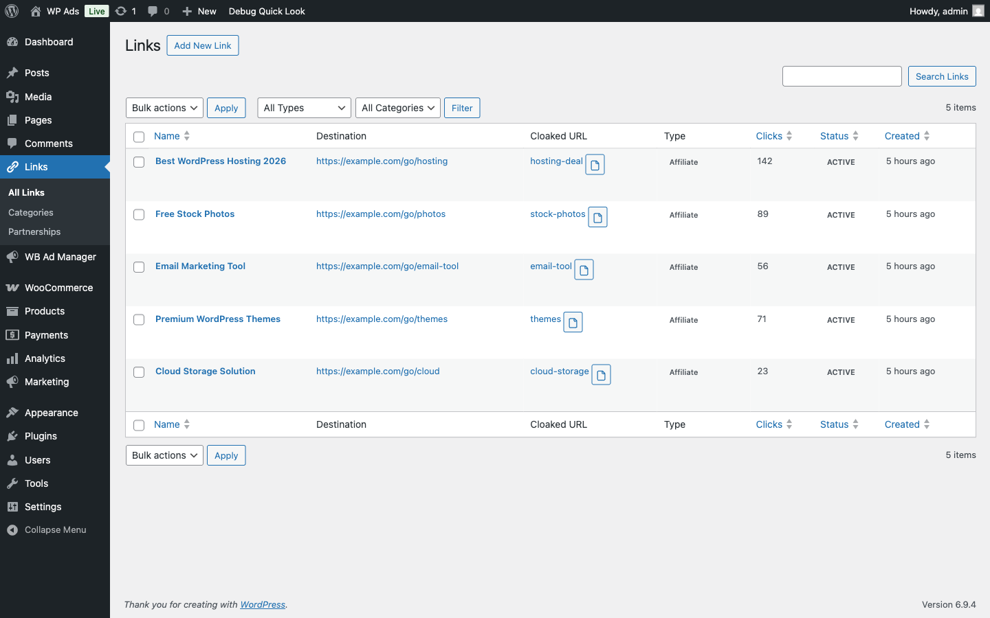 Cloaked links admin list with click counts