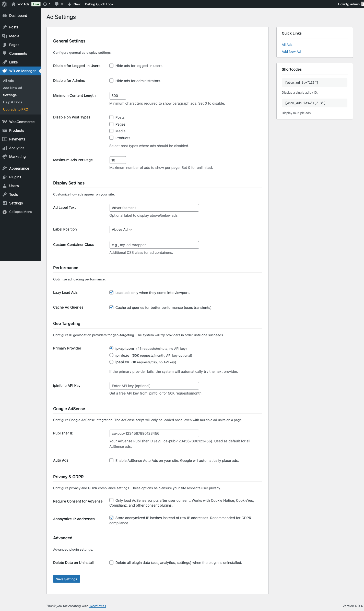 General settings screen with ad label and AdSense fields