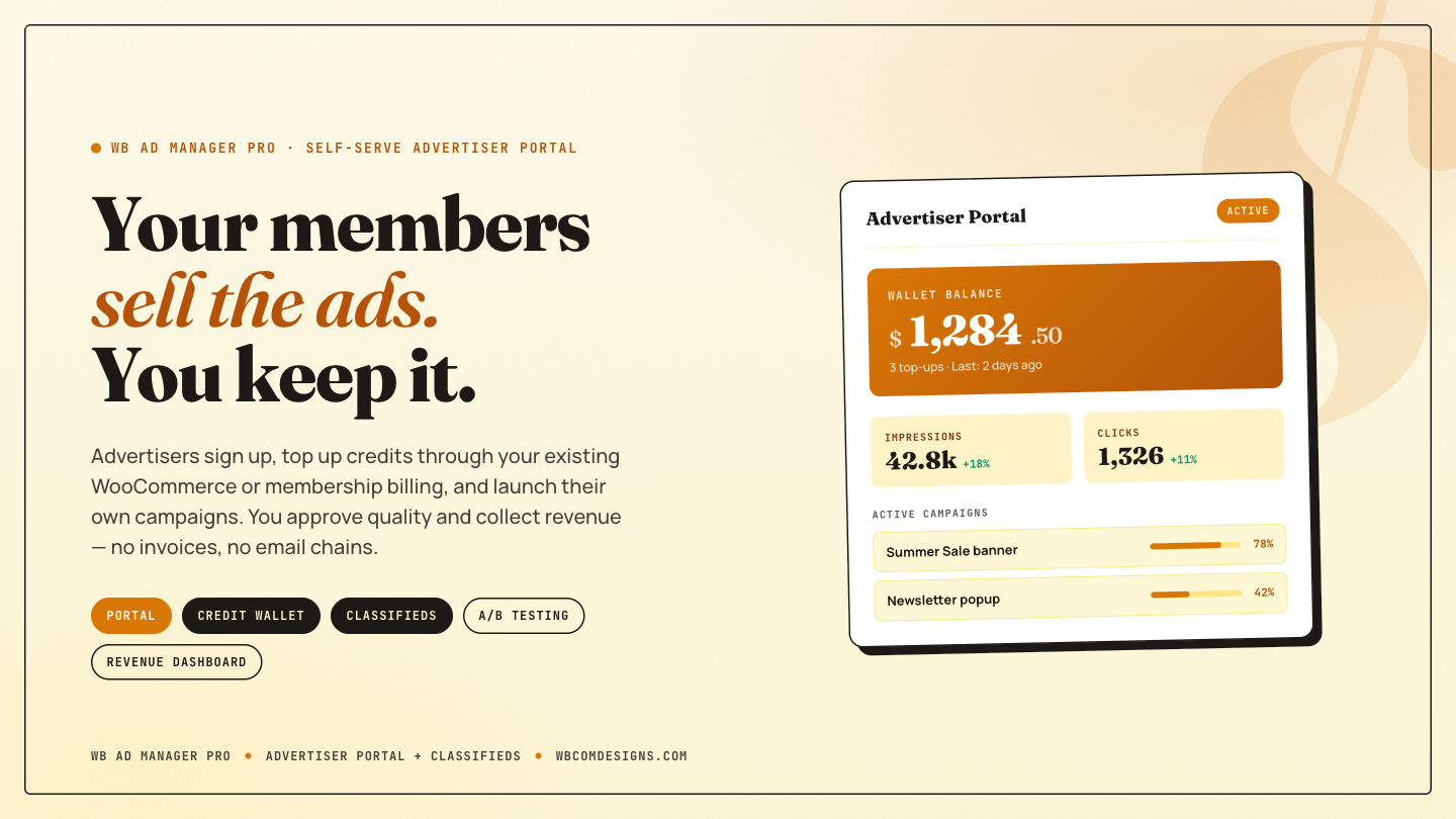 Your members sell the ads. You keep the revenue. — product screenshot