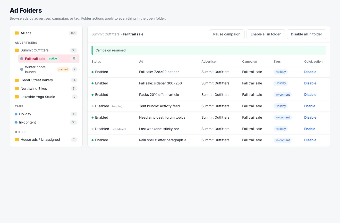 Illustrative mockup of Ad Folders with an advertiser campaign open and folder-wide enable and disable actions