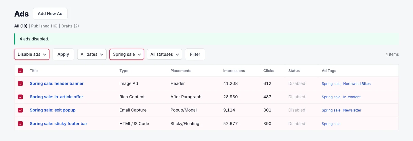 Illustrative mockup of the Ads list filtered to the Spring sale tag after the Disable ads bulk action