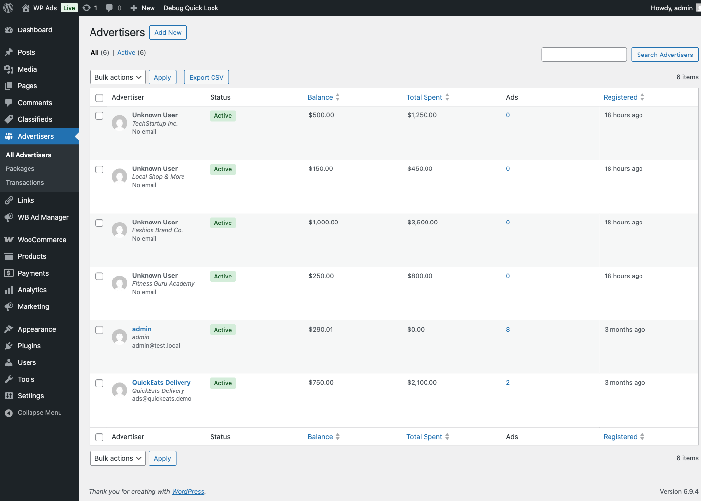 Admin advertisers list with wallet balances