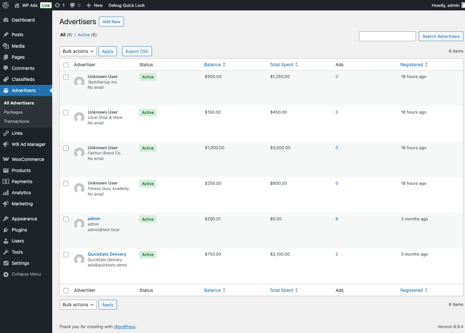 Admin advertisers list with wallet balances
