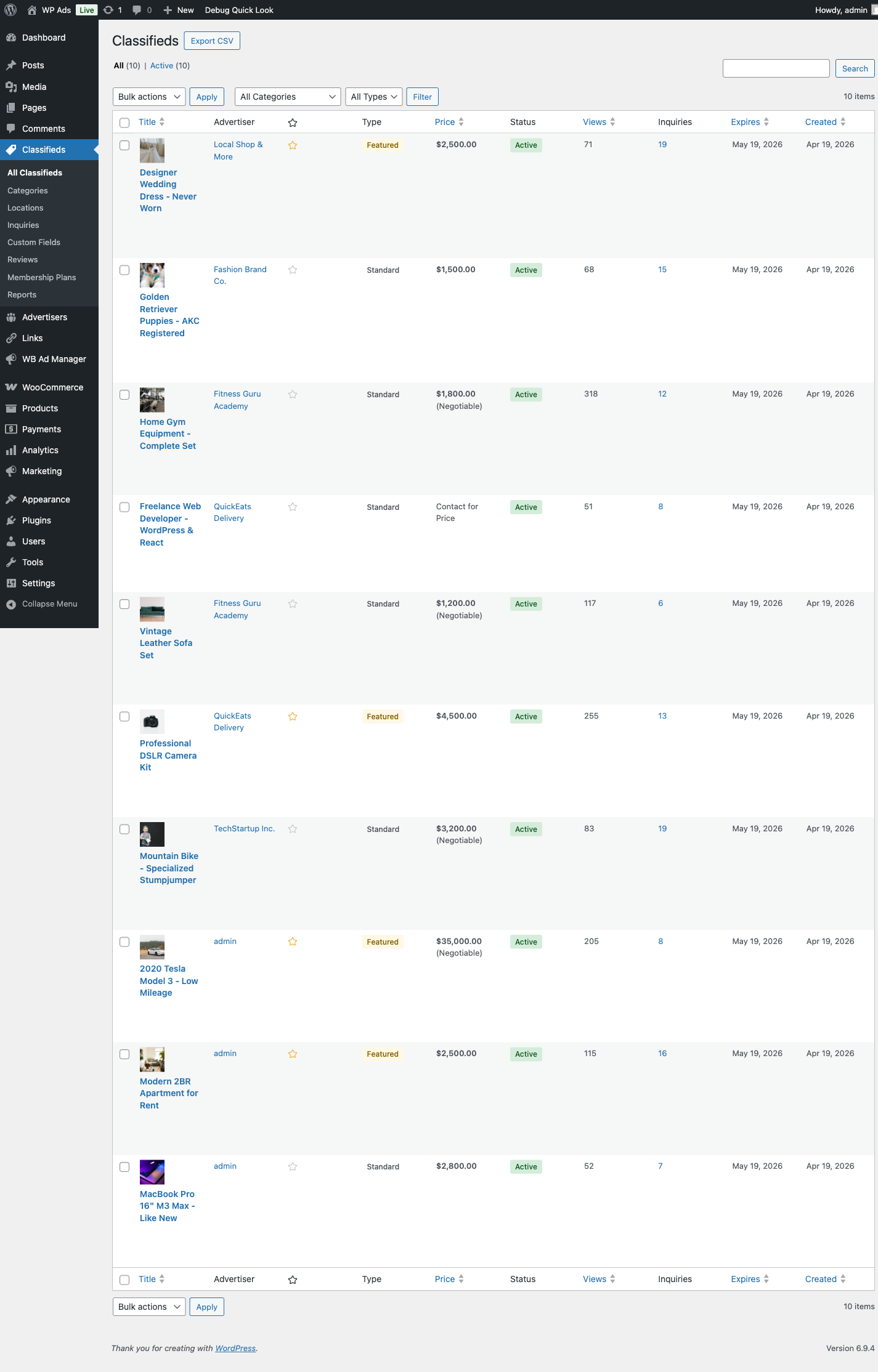 Admin classifieds list with status filters
