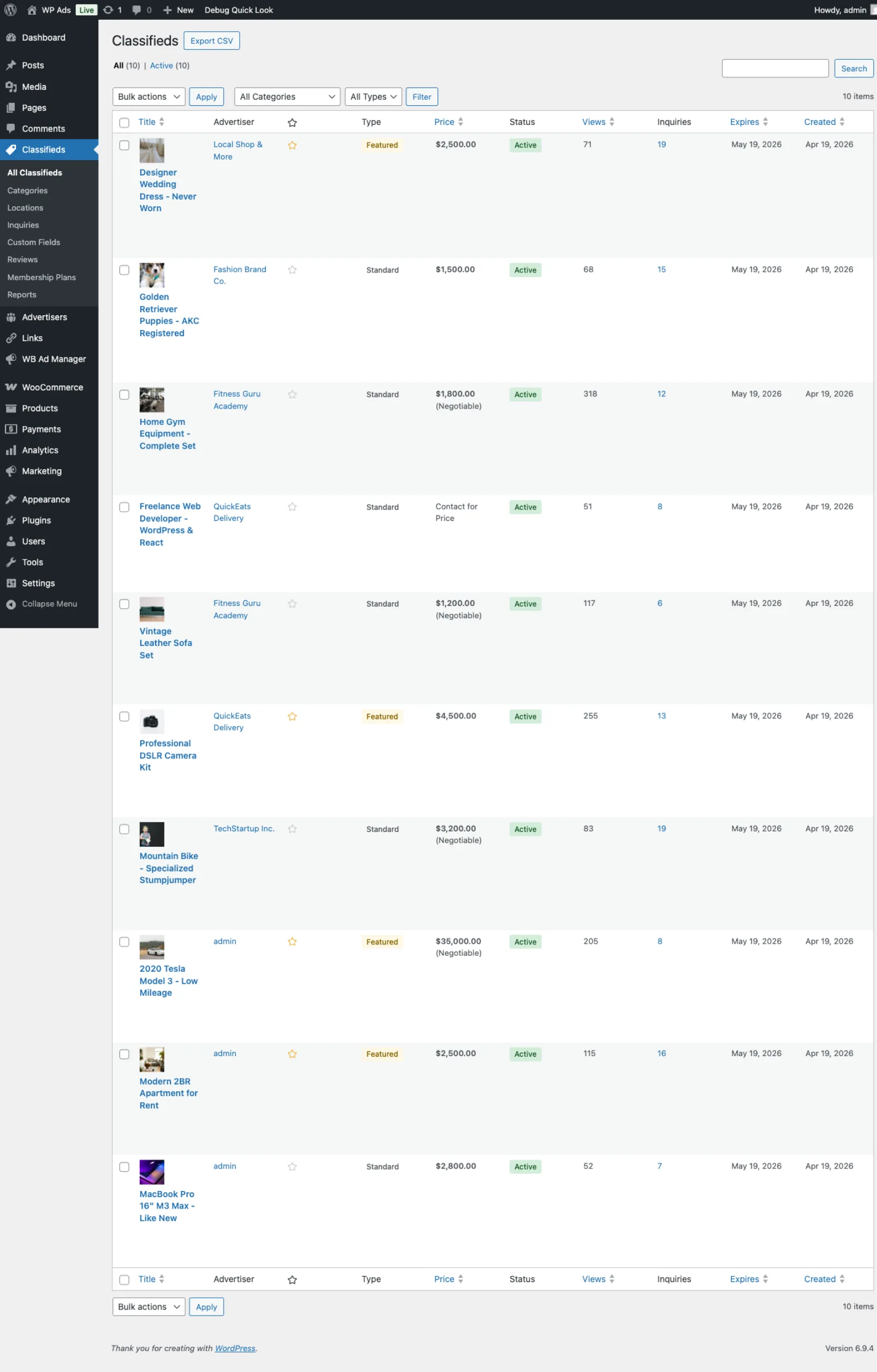 Admin classifieds list with status filters