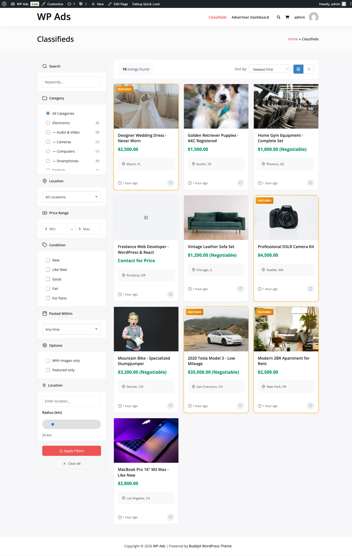 Frontend classifieds browse page