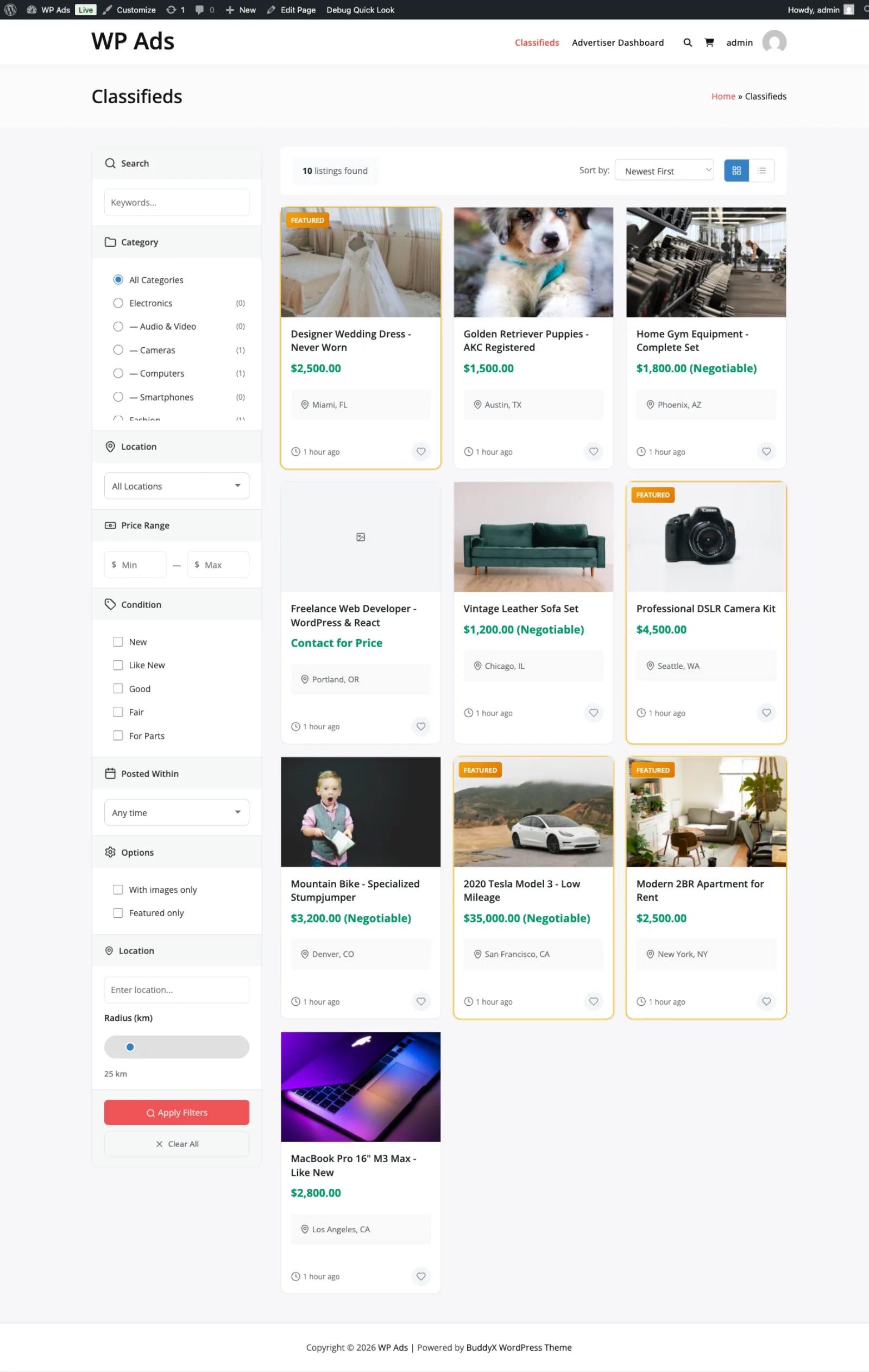 Classifieds frontend browse page with search, category, location, and price filters