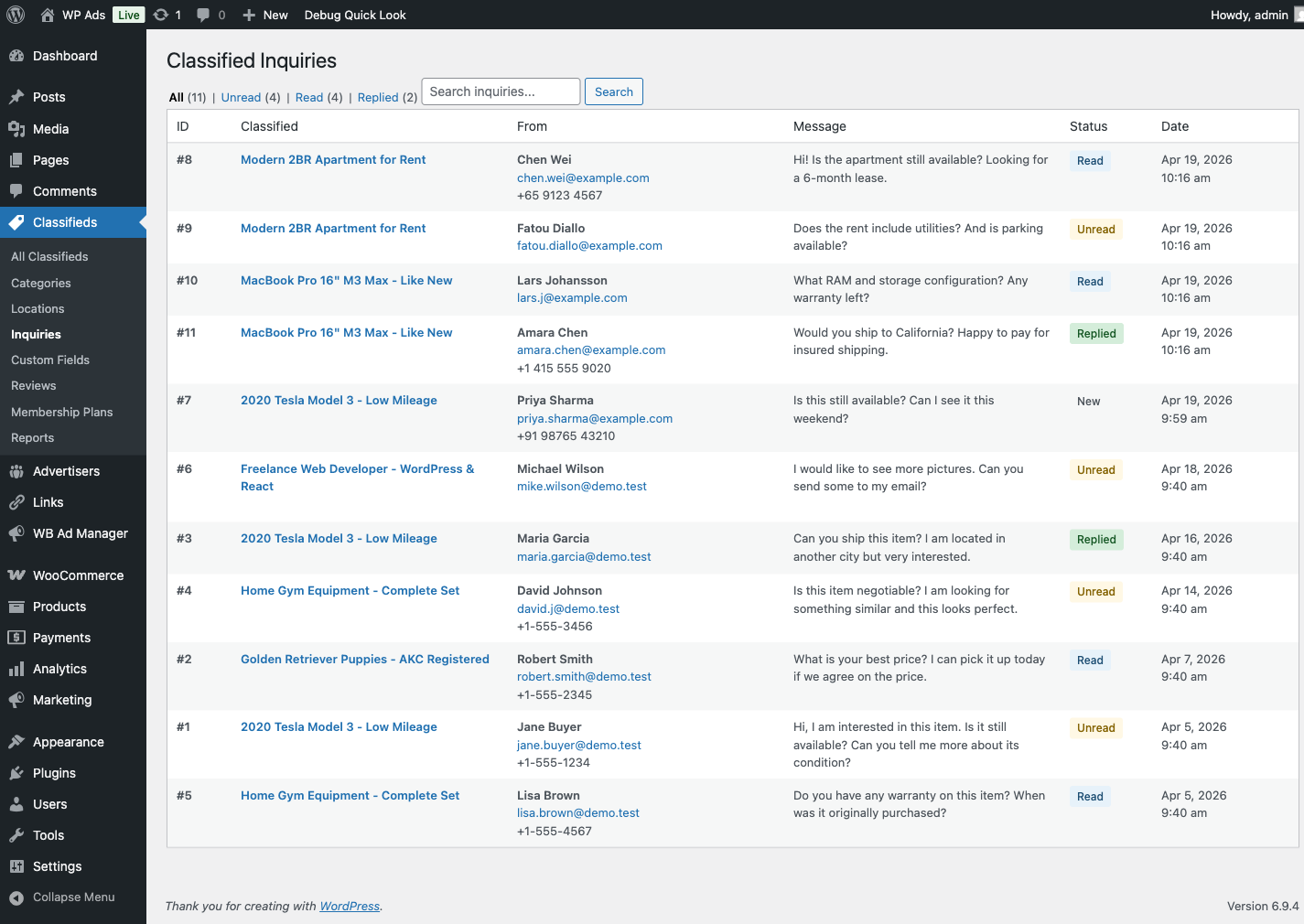 Admin inquiries moderation list