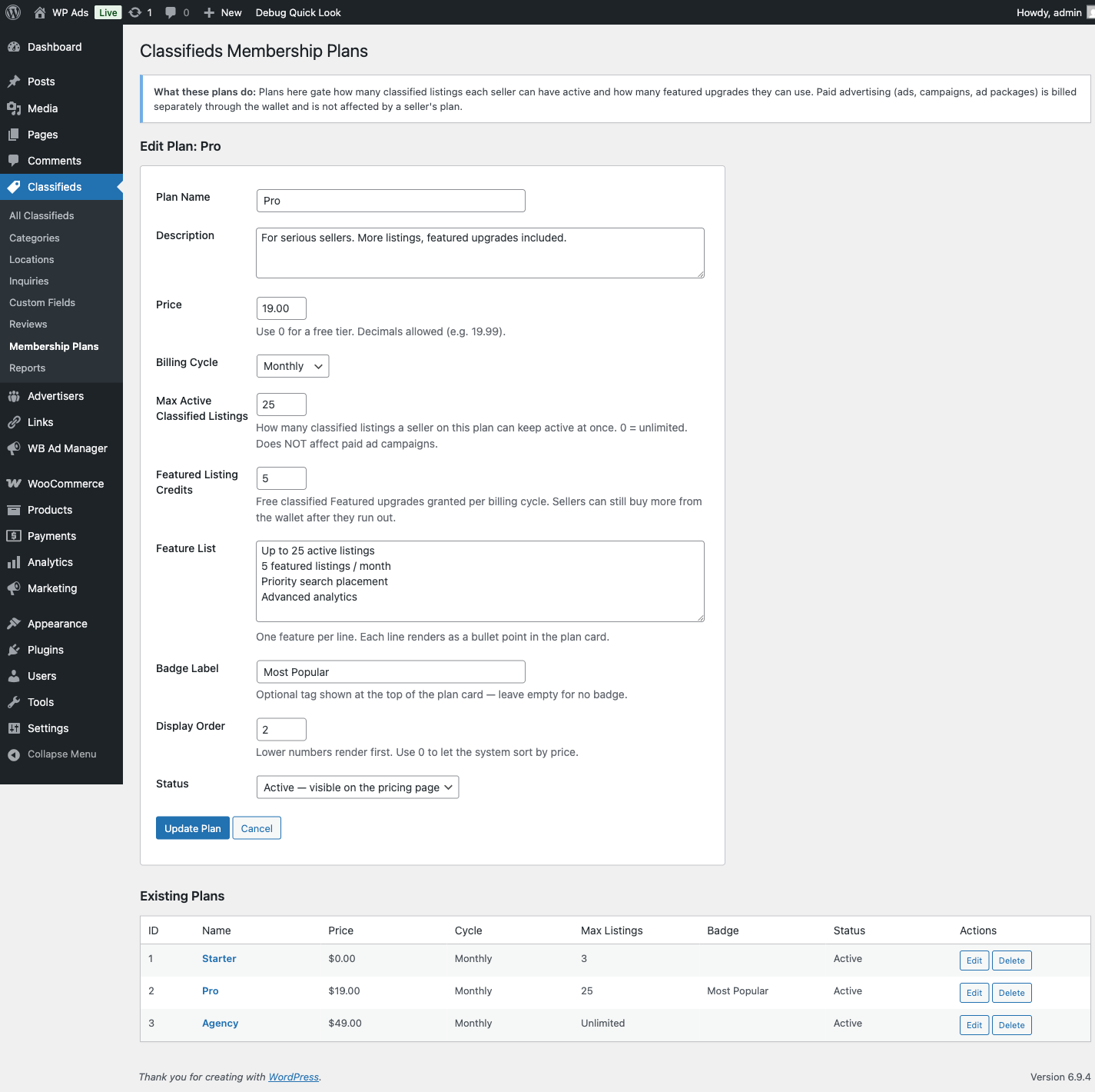 Membership plan editor with quotas and pricing