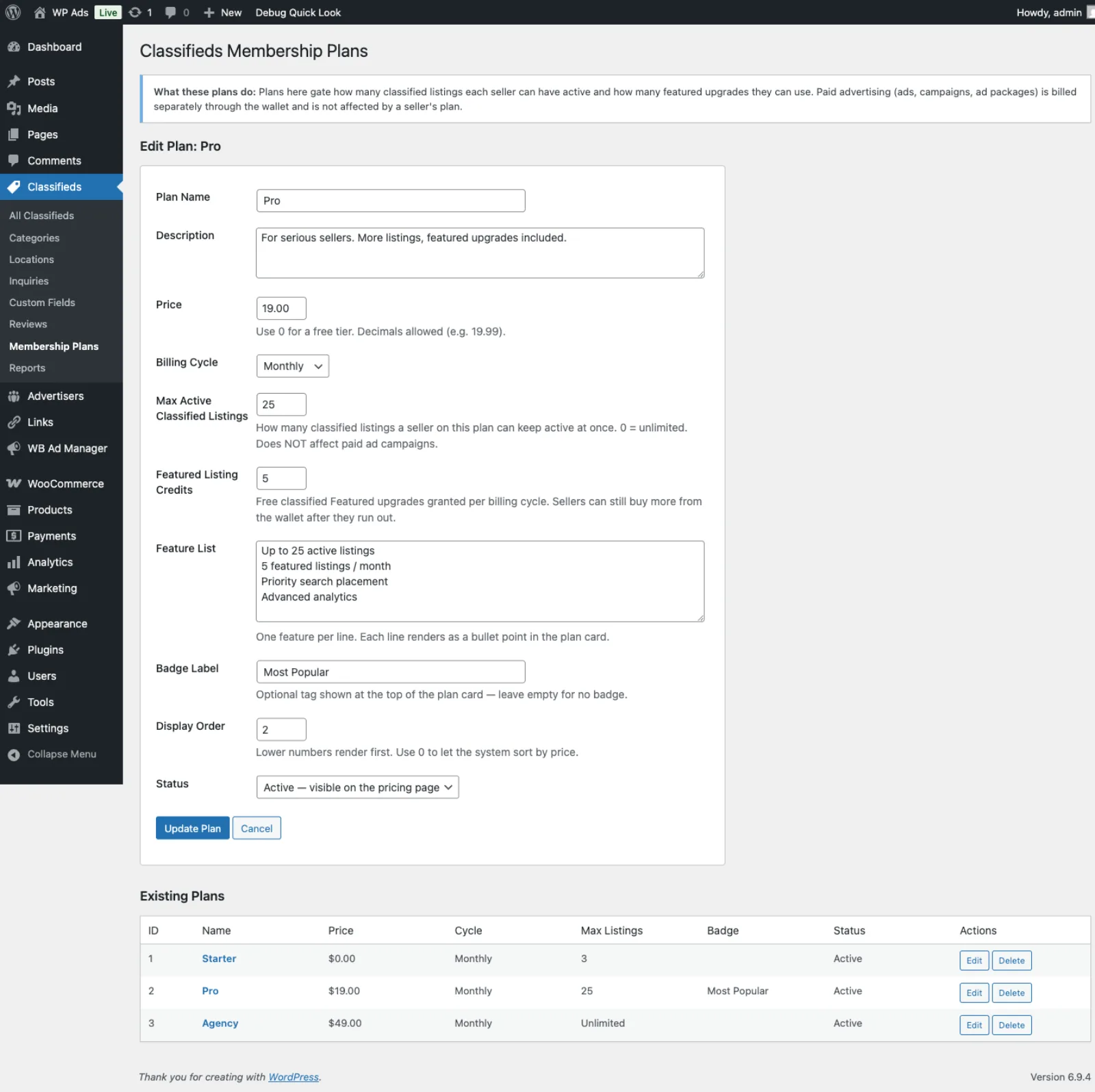 Membership plan editor with quotas and pricing