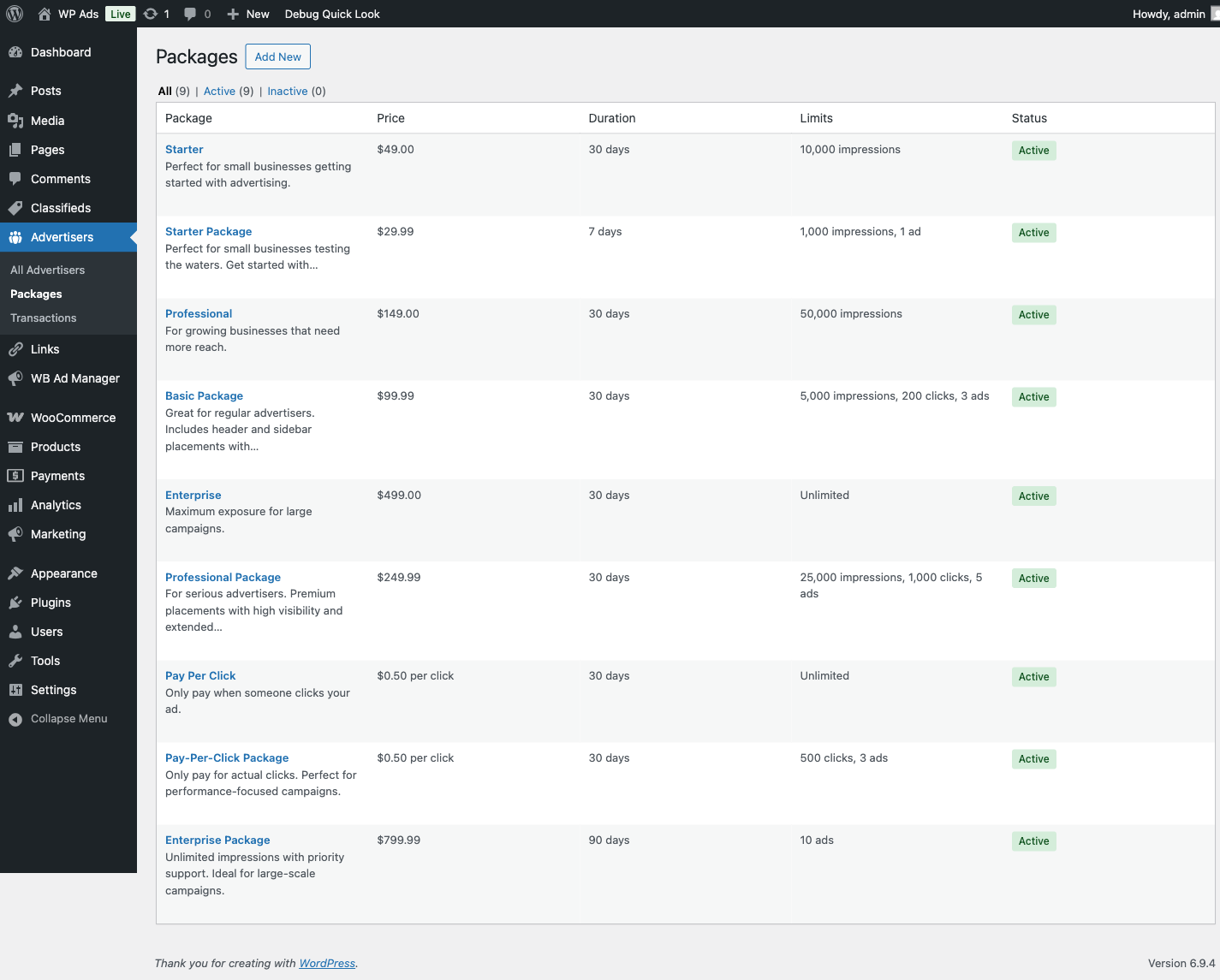 Ad packages admin list