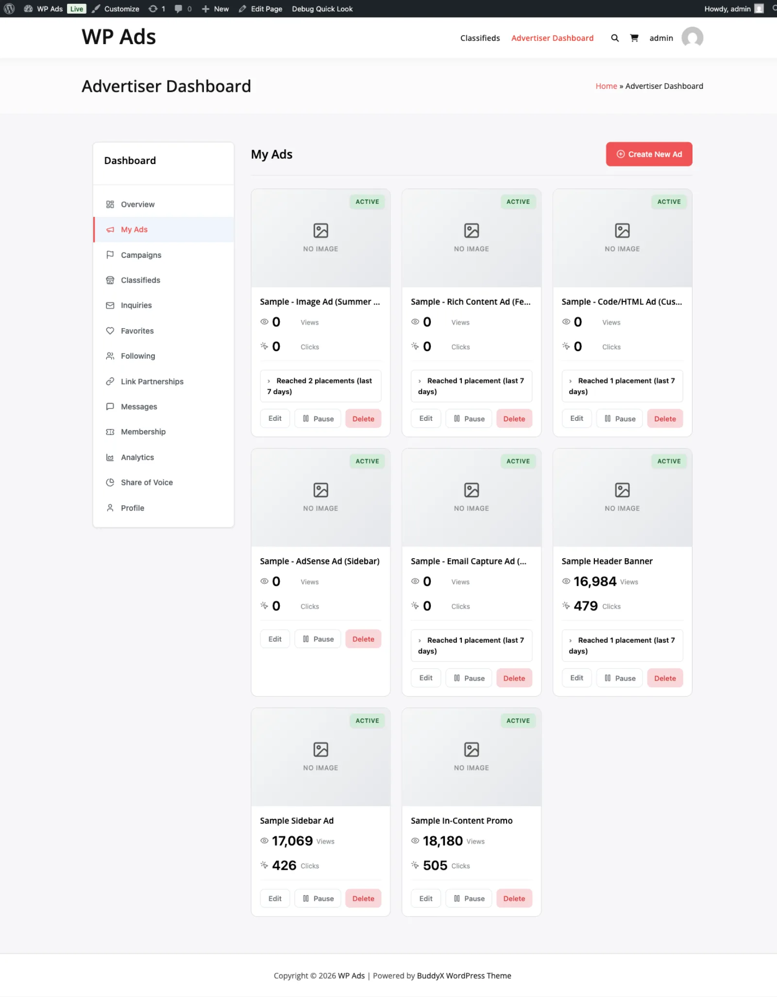 Advertiser portal Ads tab with creative cards and action buttons