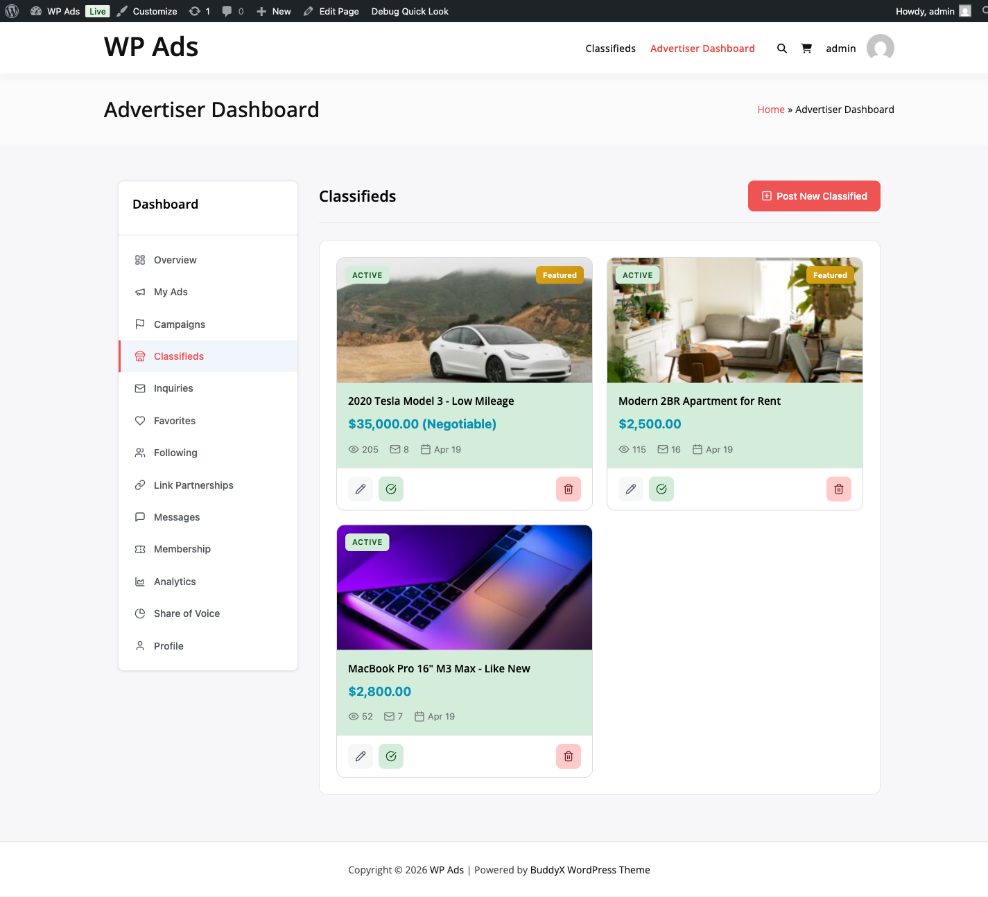 Advertiser Portal Classifieds tab with listings