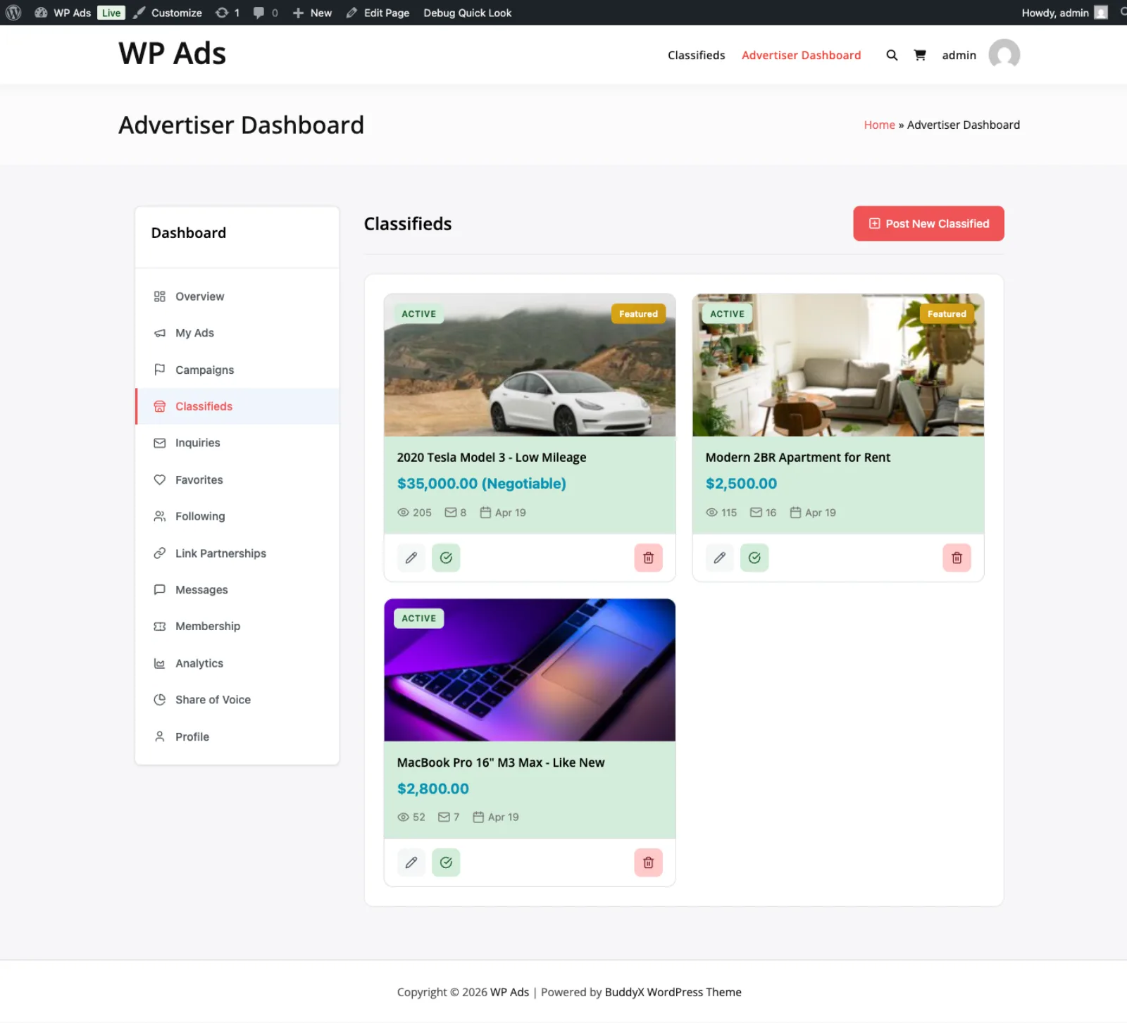Advertiser Portal Classifieds tab with listings