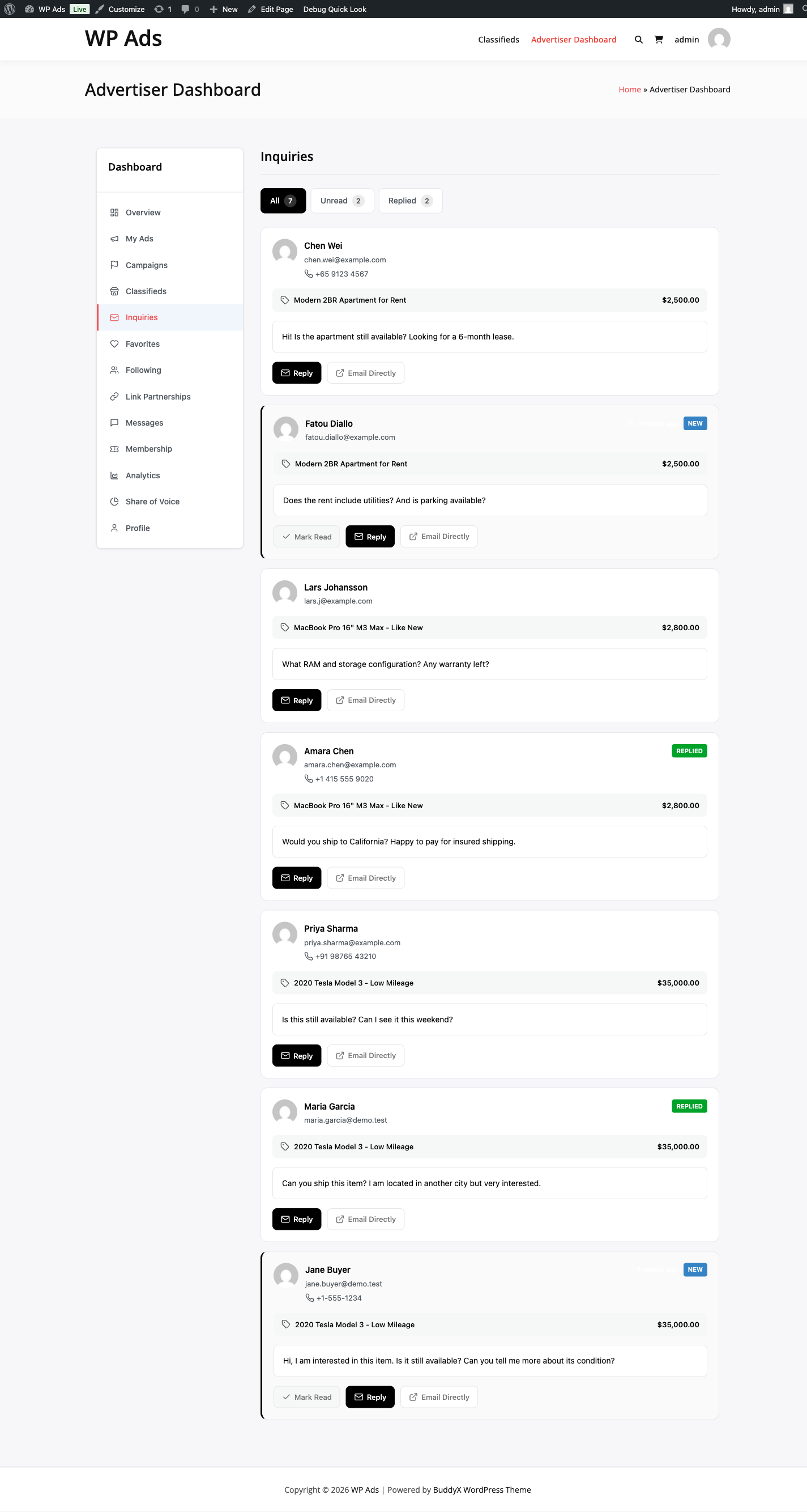 Inquiries tab with buyer messages