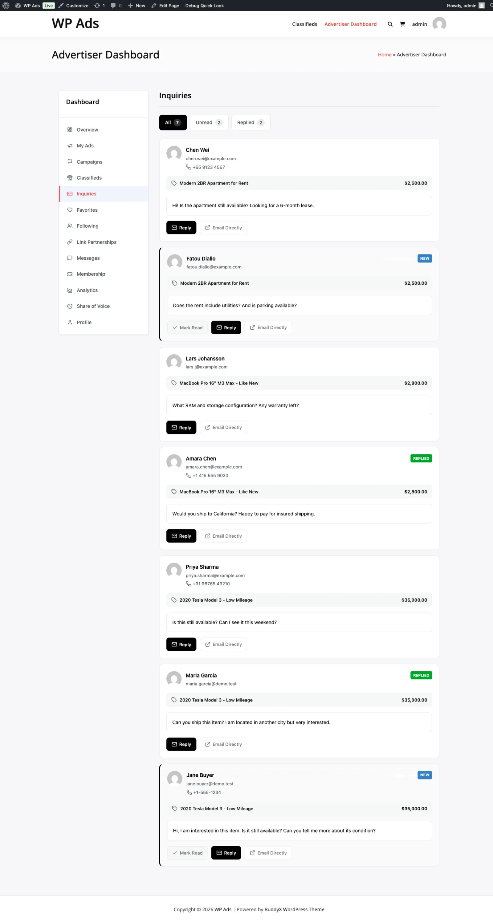 Inquiries tab with buyer messages