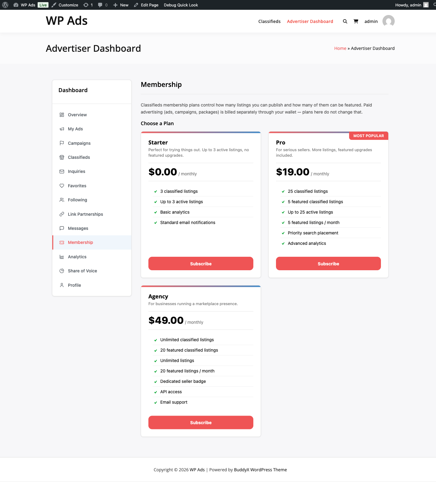 Portal membership tab showing current plan