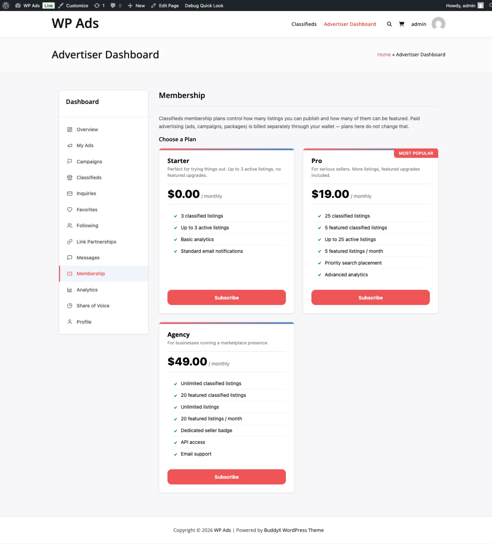 Portal membership tab showing current plan