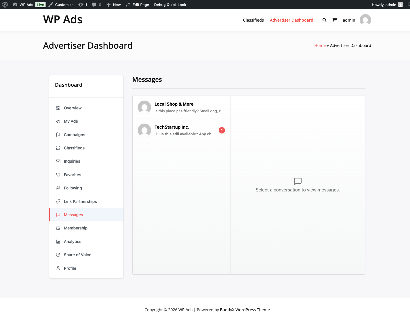 Portal messaging thread between advertiser and buyer