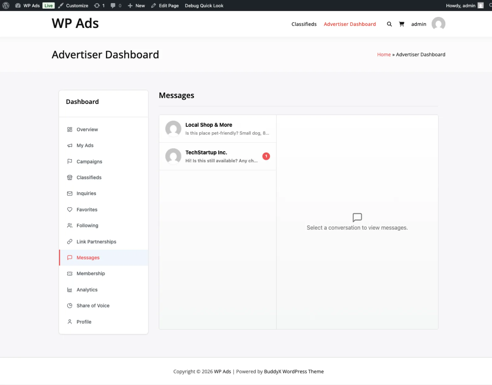 Portal messaging thread between advertiser and buyer