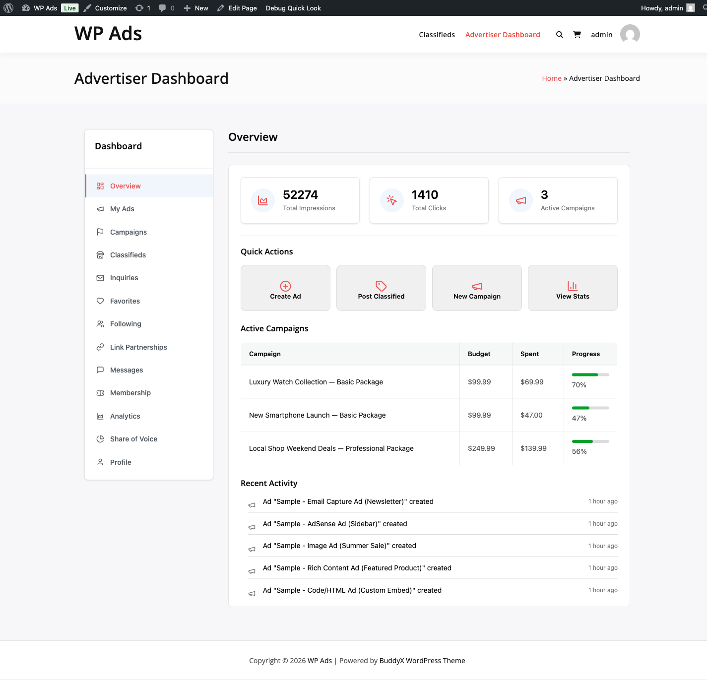 Advertiser Portal dashboard showing wallet balance, active campaigns, and analytics