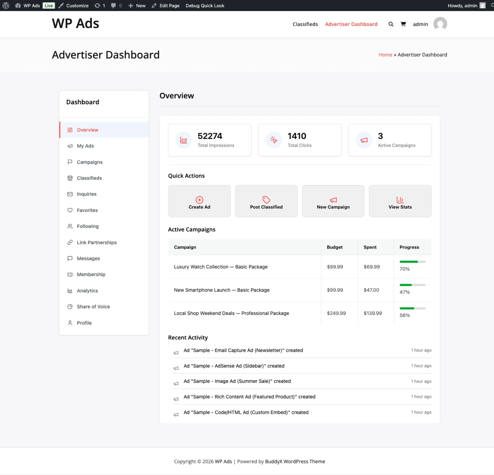 Advertiser portal overview - stats, quick actions, active campaigns, recent activity
