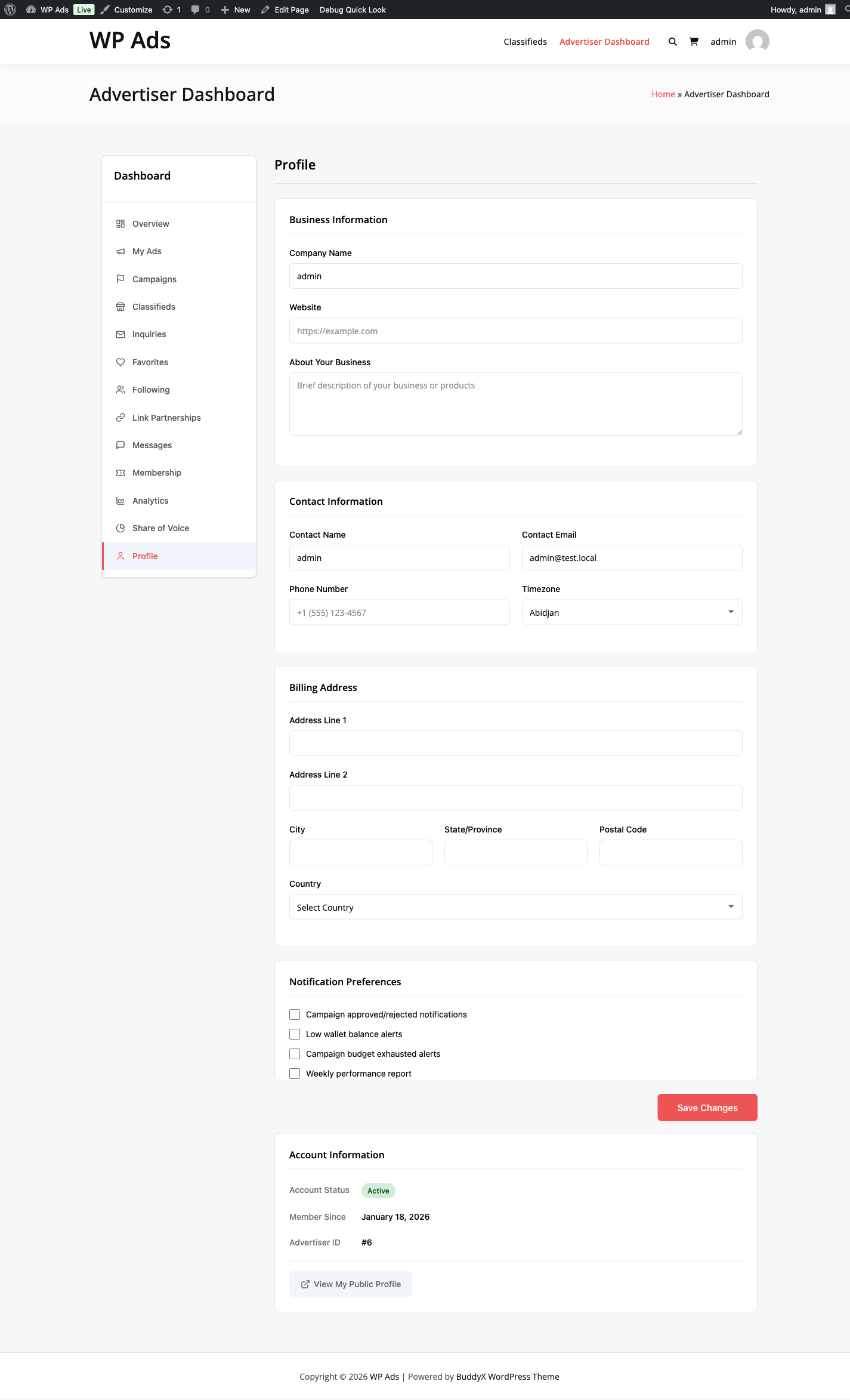 Advertiser profile settings