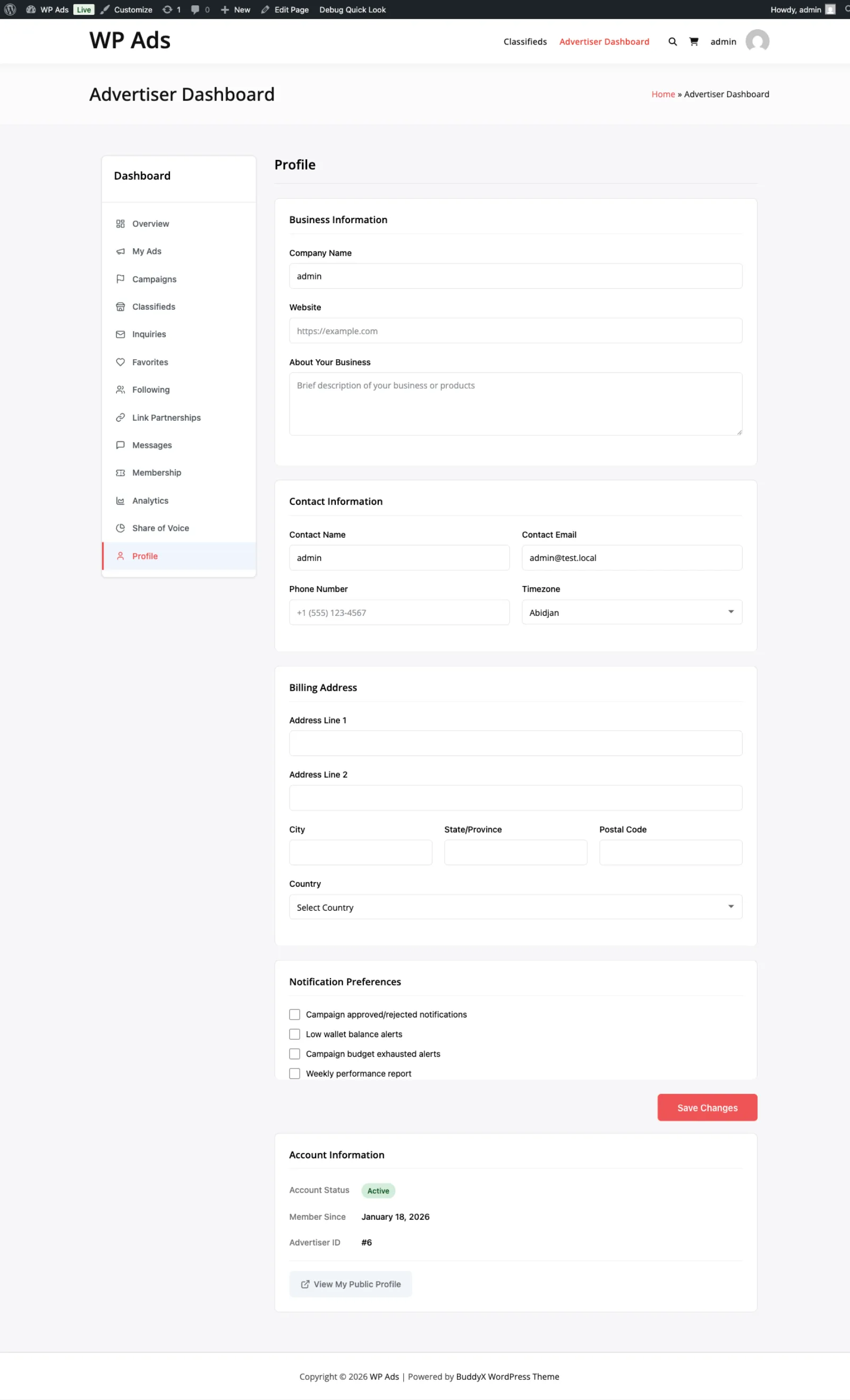 Advertiser profile settings