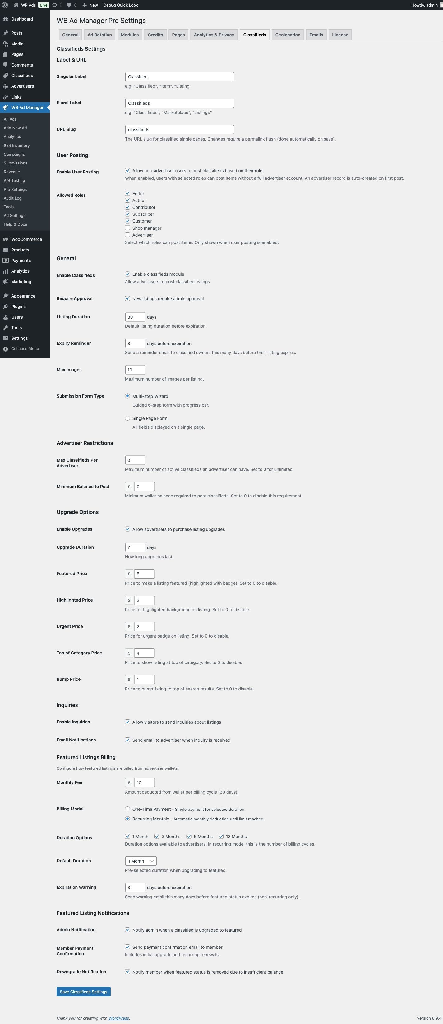 Classifieds settings tab with submission rules