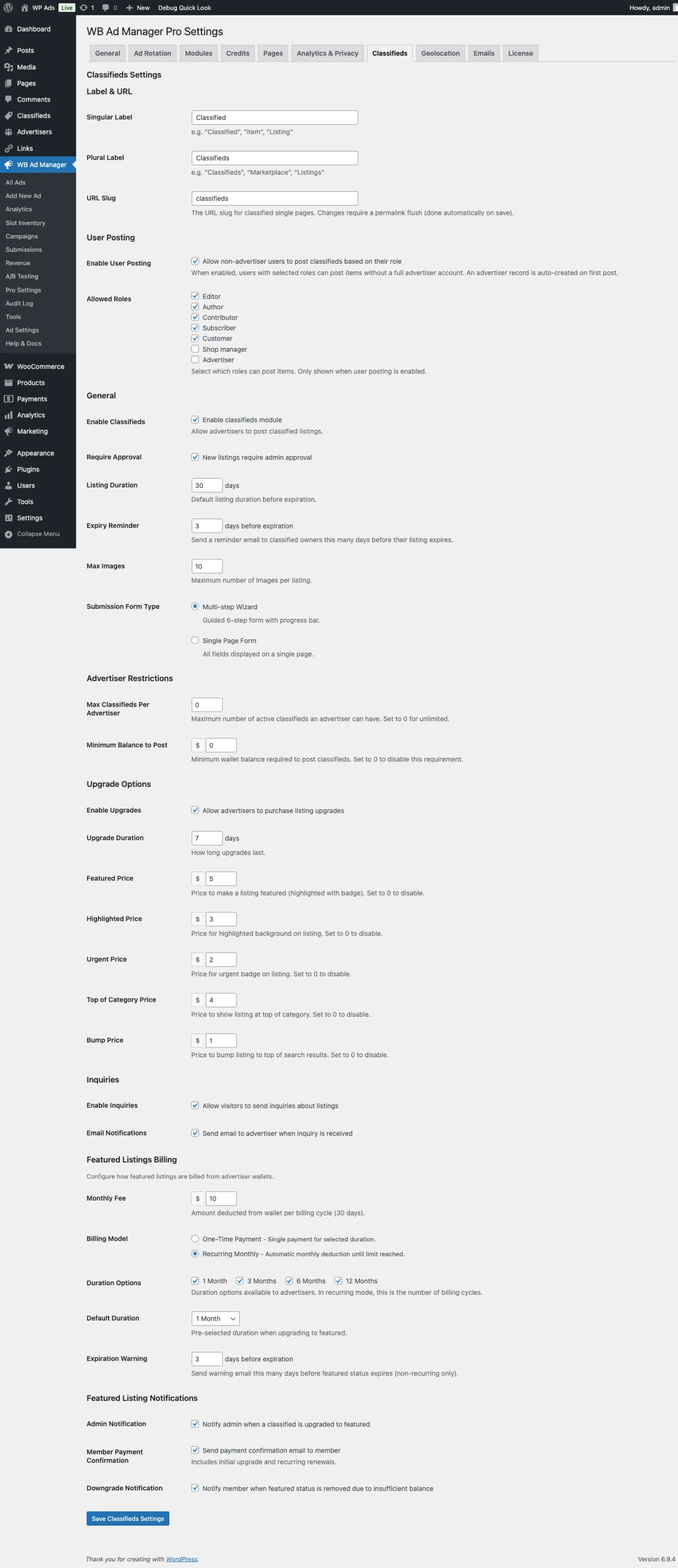 Pro Settings → Classifieds