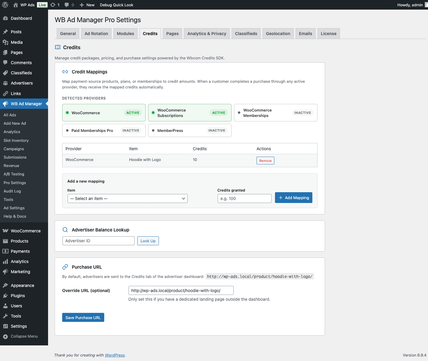 Credits tab showing Wbcom Credits SDK adapter configuration