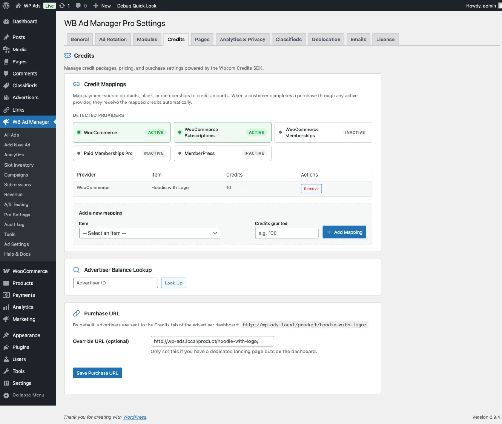 Credits tab - Wbcom Credits SDK adapters and mapped products