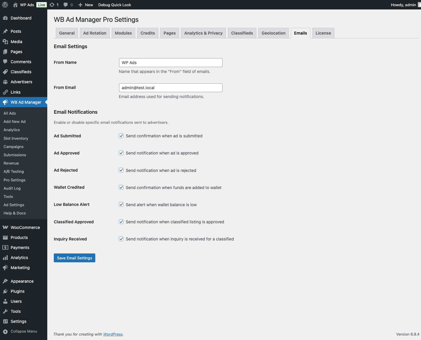 Email notification templates tab