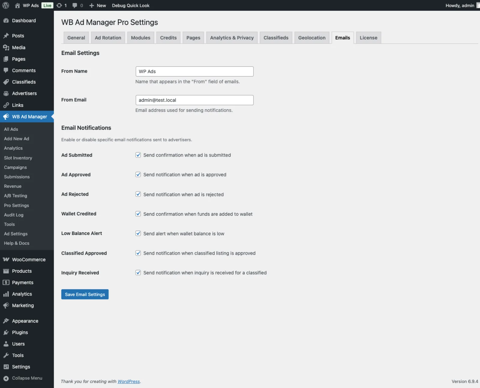 Pro Settings → Emails