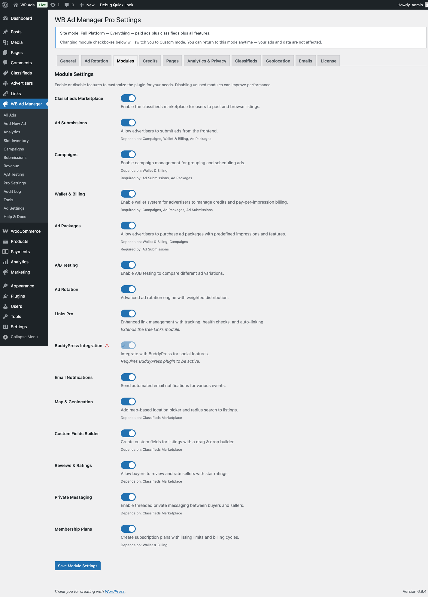 Settings Modules tab toggling classifieds and portal