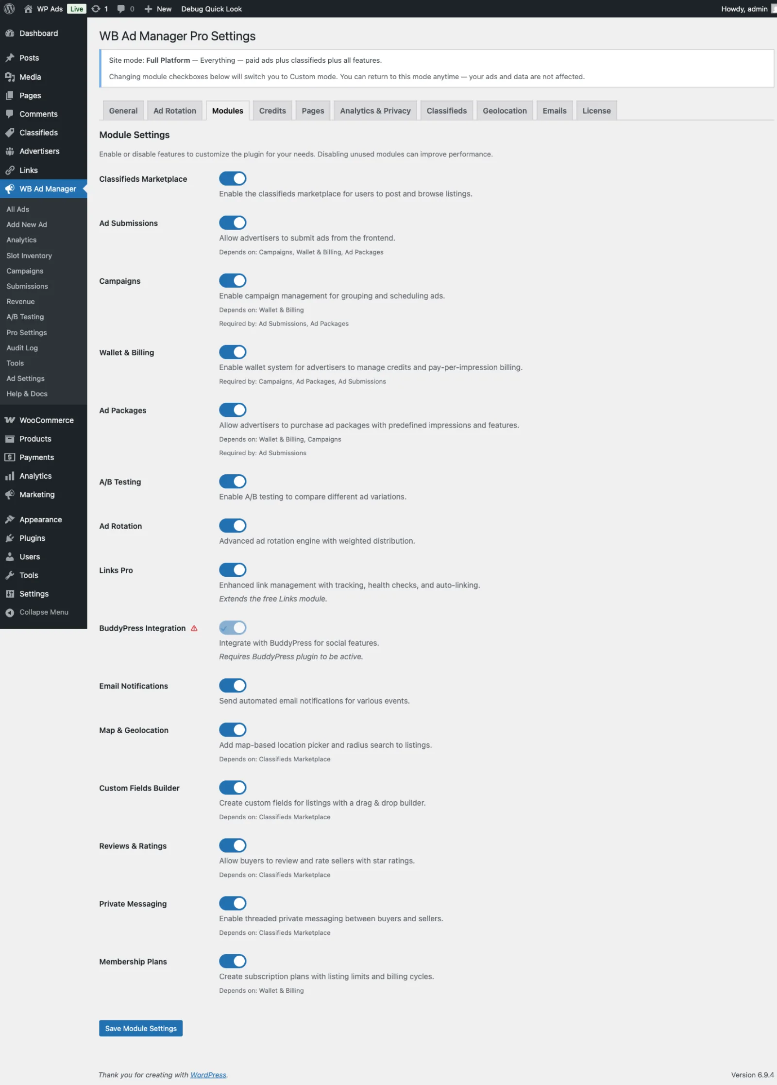Pro Settings → Modules with each module toggled on or off