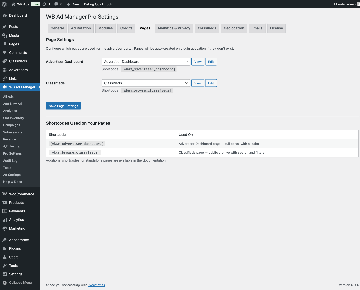 Pro Settings → Pages - portal page assignments