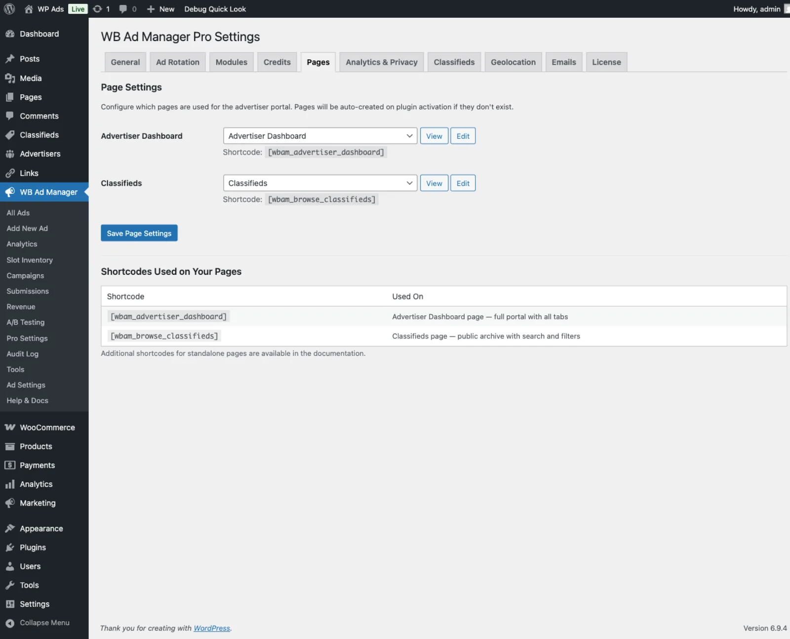 Pro Settings → Pages - portal page assignments
