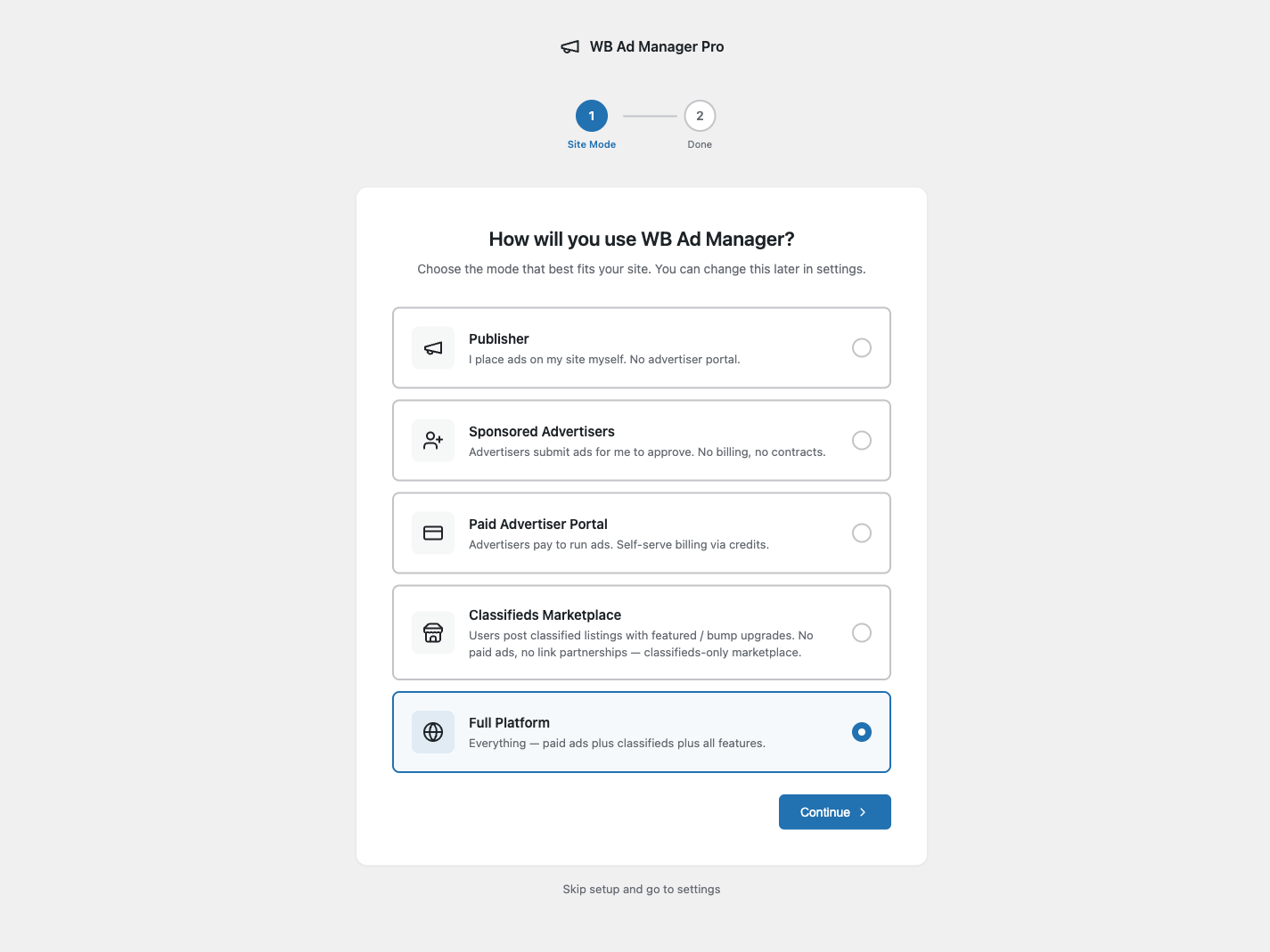 Pro setup wizard asking about site mode