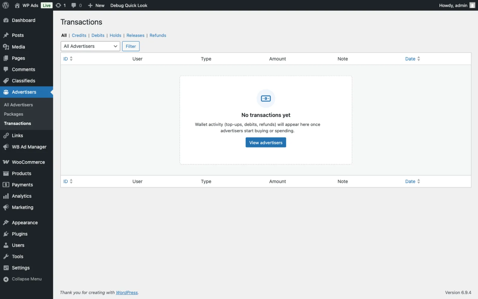 Admin Transactions page with filters for Credits, Debits, Holds, Releases, and Refunds