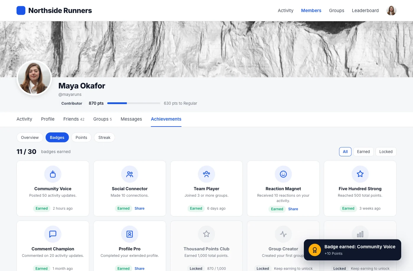 Illustrative mockup of a BuddyPress profile with a level and points header, the Achievements tab open on Badges, and a badge earned toast